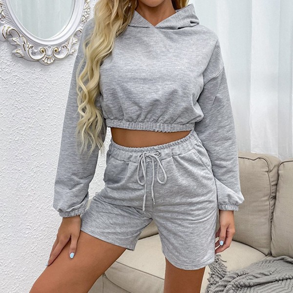 Solid Color Loose Longsleeved Hooded Sweater Shorts Suit  Nhzn413032