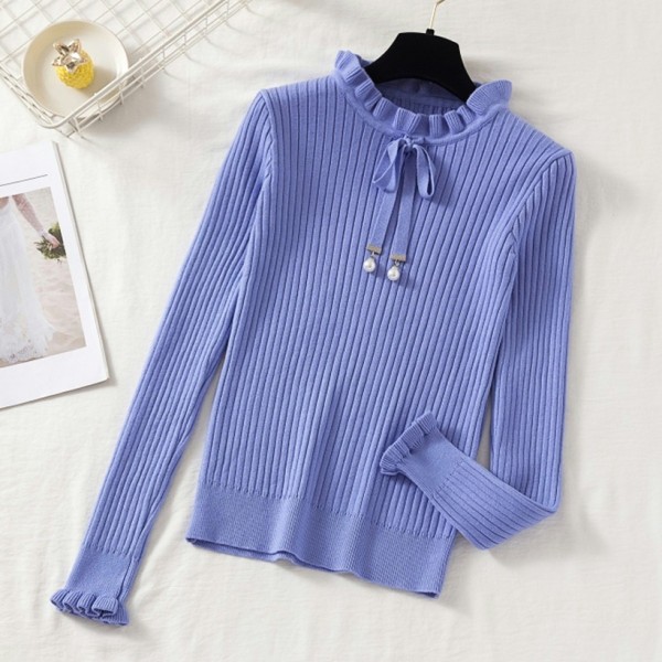 Solid Color Bow Ruffled Knit Sweater Nhzn414758